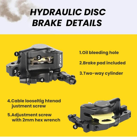 HB-100 Hydraulic Disc Brake Caliper Kit with front and rear black calipers, beefed up line pull hydraulic system and smooth modulation details