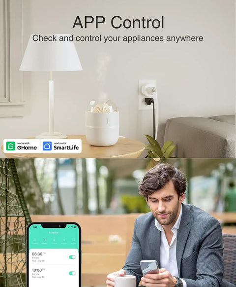 Smart Plug Mini Pack That Works With Alexa And Google Home, WiFi outlet with timer and app control, man using phone app