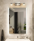 Bathroom with Three Light Dimmable Modern Vanity Light Fixture In Brushed Nickel With Globe Crystal Glass Over Mirror LED Bath Lighting.