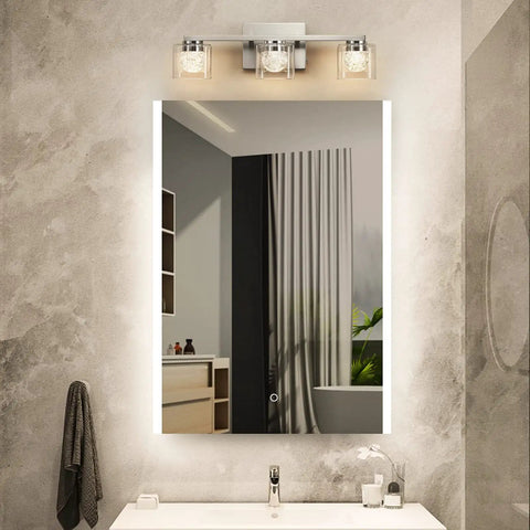 Bathroom with Three Light Dimmable Modern Vanity Light Fixture In Brushed Nickel With Globe Crystal Glass Over Mirror LED Bath Lighting.