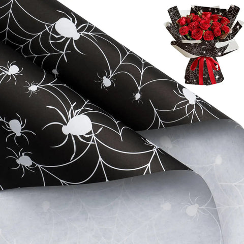 Spooky Spider Web Floral Wrapping Paper 18x18 Inches Black White Bouquet Wrap for Halloween Gifts