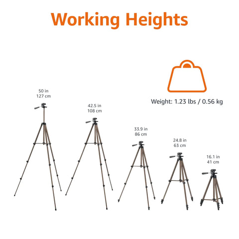 Lightweight 50 Inch Aluminum Camera Tripod With Quick Release Plate, Adjustable 16 To 50 In, working heights chart