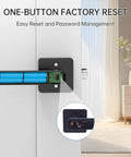 View of a Smart Biometric Fingerprint Door Lock With App And Passcode, Five Unlocking Methods Including Fingerprint, Code, App Control, IC Cards, And Physical Keys, Keyless Entry Door Knob With Handle For Home Office Hotel Apartment showing battery compartment and reset button on a door.