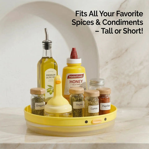 9.8 Inch Lazy Susan Organizer With 360 Degree Rotation For Spices And Bottles, Cute Duck Kitchen Accessory in Yellow PP with condiments