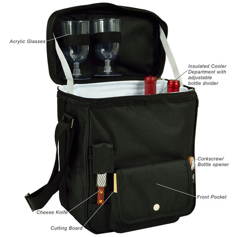Personalized Monogrammed Wine And Cheese Picnic Basket Cooler With Hardwood Cutting Board Cheese Knife And Corkscrew, black insulated cooler with glasses.