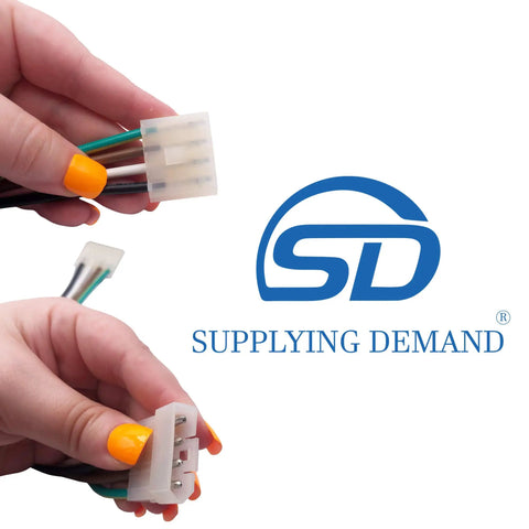 Hands holding wiring harness for W10632400 4317943 Refrigerator Ice Maker Replacement Kit with Supplying Demand logo.