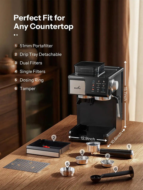 Hassle Free Home Barista Espresso Machine Featuring Customizable Grind Options And Intuitive Touchscreen Controls For Smooth Daily Pulls And Velvety Frothed Drinks, showcasing accessories on a countertop.
