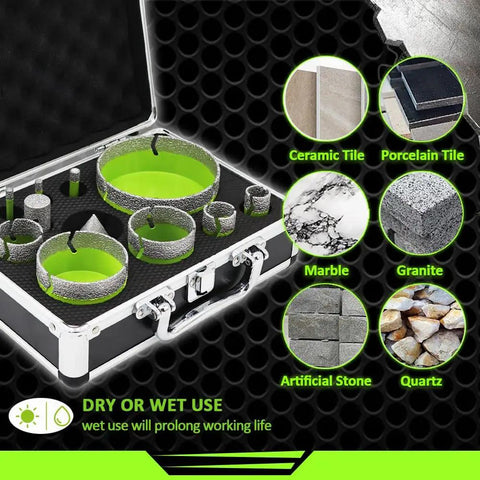 Porcelain Tile Diamond Core Drill Bit Set And Hole Saw Kit, 12 Piece From Quarter Inch To Four Inches displayed with materials.