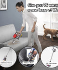 Woman using DeWalt 20V To Dyson V6 Battery Converter Adapter DW20V6 For V6 Series Vacuums SV04 with dog in the background.