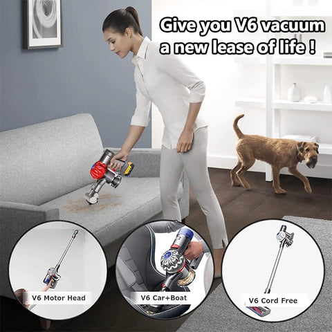 Woman using DeWalt 20V To Dyson V6 Battery Converter Adapter DW20V6 For V6 Series Vacuums SV04 with dog in the background.