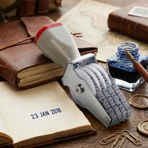 Deadset Durable Adjustable Four Digit Number Stamp With Rust Proof Alloy Build And Sharp Rubber Print Wheels on leather journal