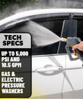 Snubby Pressure Washer Gun With Foam Cannon Attachment For Thick Clinging Foam Short Handle Design For Gas Or Electric Washers Ideal For Car Washing Detailing And Home Cleaning Projects spraying water on car window