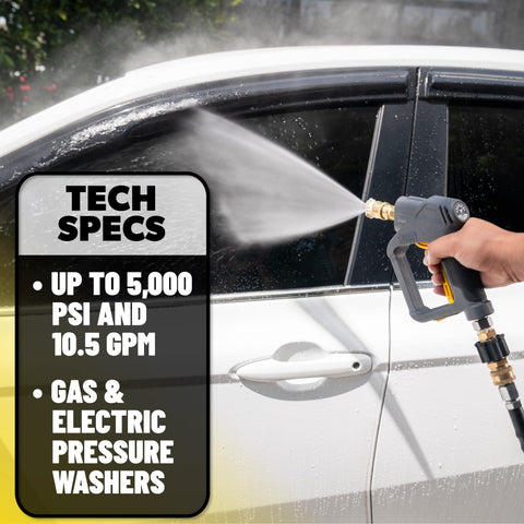 Snubby Pressure Washer Gun With Foam Cannon Attachment For Thick Clinging Foam Short Handle Design For Gas Or Electric Washers Ideal For Car Washing Detailing And Home Cleaning Projects spraying water on car window
