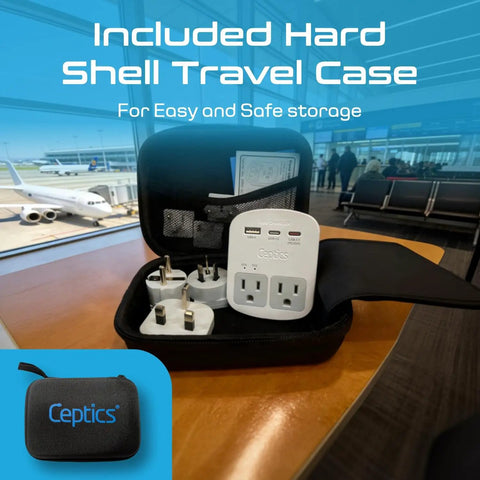 Travel Power Adapter Kit With 2 US Outlets, USB C PD 35W And USB A, Includes USB C Cable, displayed in hard shell case.