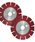 Two red 6 Inch Early Entry Green Concrete Diamond Blade 2 Pack For Green Concrete Cutting A Real Workhorse Fits Husqvarna And More Red 100 Grit No Chip Design For Smooth Long Lasting Pro Grade Cuts displayed on a white background.