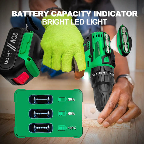 Cordless Brushless Drill Kit With Charger And Two 2Ah Li Ion Batteries 400 In Lbs Torque Dual Speed Settings LED indicator shown