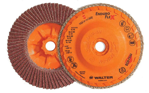 Close-up of Enduro-Flex 60 Grit Abrasive Flap Disc 5 Inch Pack Of Ten With Eco-Trim Backing for metalwork finishing.