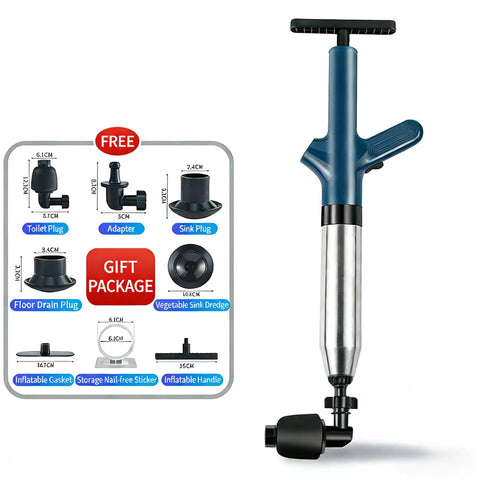 Heavy Duty High Pressure Air Plunger Kit Total Game Changer For Blocked Drains with swappable heads and nozzle set.