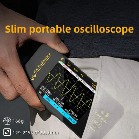 Hand holding On The Go Handheld Digital Oscilloscope With 3.2 Inch TFT Display 10MHz Bandwidth And 48MSaPerS Sampling Rate Portable