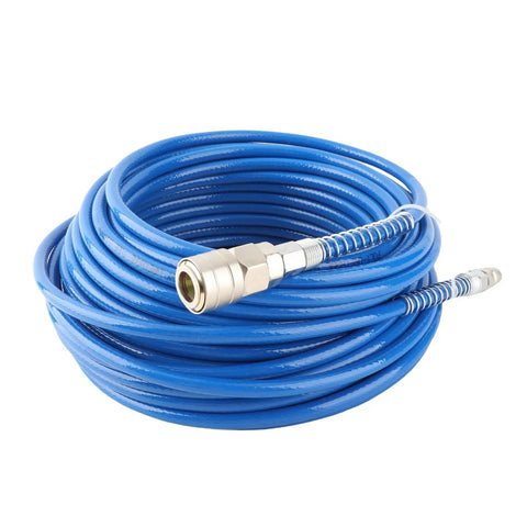 Badass Heavy Duty PU Air Compressor Hose Sixty Five Foot High Pressure Pneumatic Tubing with NPT connectors coiled with aluminum coupler.