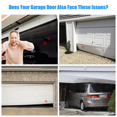 Collage of garage door issues showing misalignment, damaged van, and malfunctioning opener