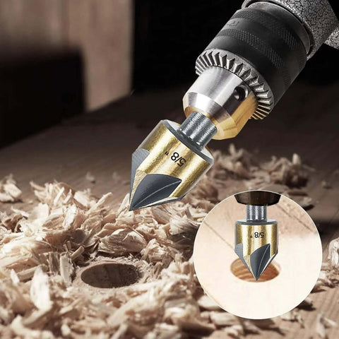 Countersink drill bit, 1/4 in hex shank, gold finish; close-up view in drill chuck with wood shavings