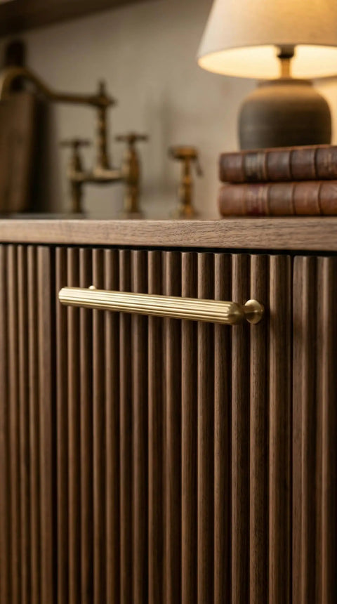 Six Pack Champagne Bronze Cabinet Pulls With Ribbed Knurl Texture And AntiFingerprint Finish Solid Zinc Alloy Kitchen Hardware for Cupboards and Dressers 5 Inch Center to Center Easy Grip Drawer Pulls on wooden cabinet