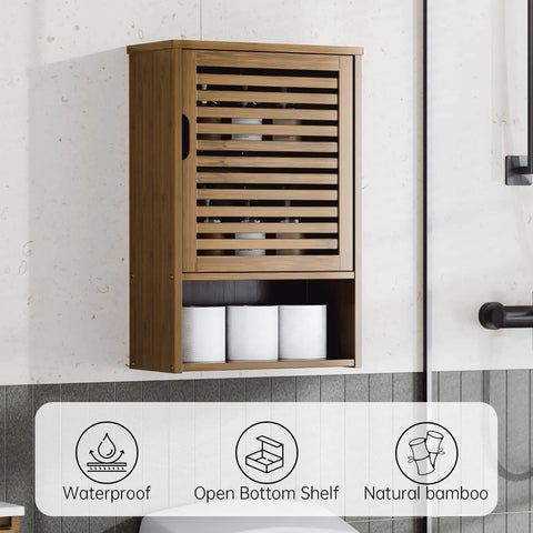 Over Toilet Wall Mount Medicine Cabinet With Adjustable Shelf And Open Bottom Storage, Single Door, Walnut Finish.
