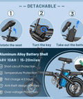 Foldable Electric Bike For Adults And Teens With 750W Peak Motor shown with detachable 48V 10Ah battery and anti-collision features