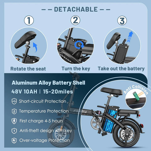 Foldable Electric Bike For Adults And Teens With 750W Peak Motor shown with detachable 48V 10Ah battery and anti-collision features