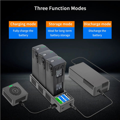 All In One Multi Function Battery Charger With Storage For DJI Mavic 3 Series Batteries in charging, storage, and discharge modes