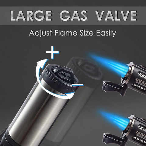 2 Pack Torch Lighters With Triple Jet Flame, Refillable Butane Lighters, showing adjustable large gas valve and blue flame