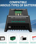 100A MPPT Solar Charge Controller with LCD Display, Auto Detects 12V/24V/36V/48V, shown with various battery types