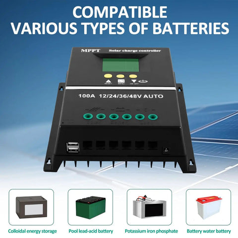 100A MPPT Solar Charge Controller with LCD Display, Auto Detects 12V/24V/36V/48V, shown with various battery types