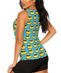 Sunglasses Print Tank Top For Women, Dry Fit Sleeveless Workout Tee with yellow duck print, breathable quick dry mesh in black