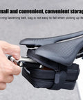 Rear Saddle Bag Organizer for Bike Touring and Bikepacking being accessed under a bicycle seat, showing secure fastening
