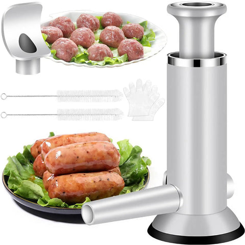 Two In One Sausage Stuffer And Meatball Maker Stainless Steel Manual Press with dishes of sausages and meatballs