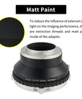 0.71x Focal Reducer Speed Booster Lens Mount Adapter from Pentax 645 to Leica highlighting matte paint interior