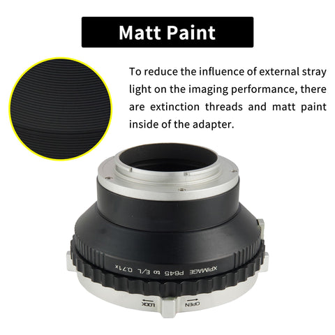 0.71x Focal Reducer Speed Booster Lens Mount Adapter from Pentax 645 to Leica highlighting matte paint interior