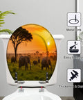 Round Sunset Toilet Seat with elephant design, sturdy resin, soft-close hinge, installed on a toilet.
