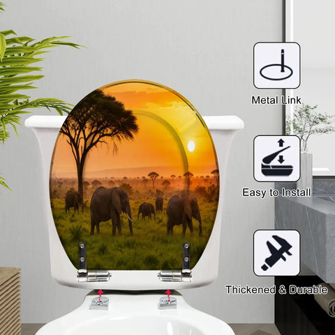 Round Sunset Toilet Seat with elephant design, sturdy resin, soft-close hinge, installed on a toilet.