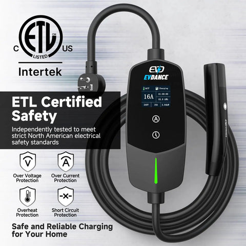 Tesla Ready Portable Level 1 And Level 2 EV Charger with 16A Output 25 Foot Cable shown with safety certifications and NACS connector