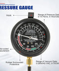 Front view of NYXOVA vacuum and fuel pump tester gauge kit; black dial with brass connector and blue PRESSURE GAUGE label