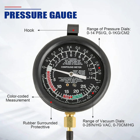 Front view of NYXOVA vacuum and fuel pump tester gauge kit; black dial with brass connector and blue PRESSURE GAUGE label