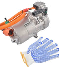 Bolt Right In 125W Belt Driven AC Compressor For Tesla Model S And Model X 2016 To 2020 closed assembly with work gloves.