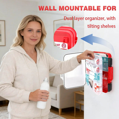 Woman using 400 Piece First Aid Kit With Dual Layer Wall Mount Case For Home Car Travel Camping Hiking Truck Office Sports And Outdoor Emergencies Ready To Grab And Go in living room, kit mounted on wall.