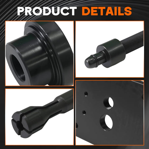 Harley M8 cam bearing tool set; black puller, installer shaft, and mounting plate for Milwaukee-Eight engines.