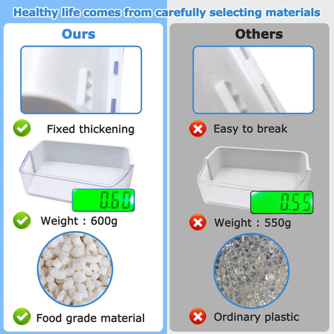 Comparison image showing Right Side Refrigerator Door Shelf Basket Bin Replacement For RF260 RF261 RF263 Beaesr with materials and weight.