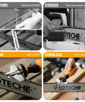 Cordless Electric Chainsaw Sharpener Kit With 3 Diamond Bits in use showing before and after sharpening on chainsaw blade.