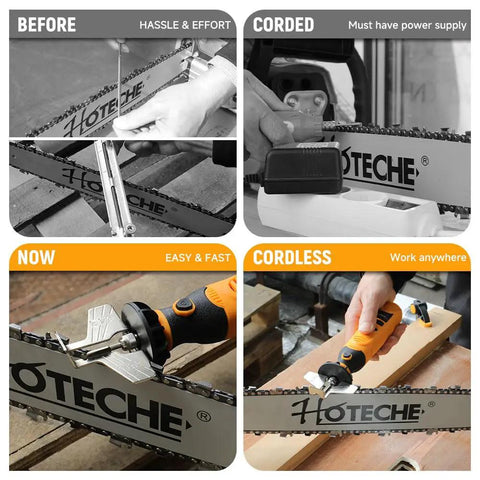 Cordless Electric Chainsaw Sharpener Kit With 3 Diamond Bits in use showing before and after sharpening on chainsaw blade.